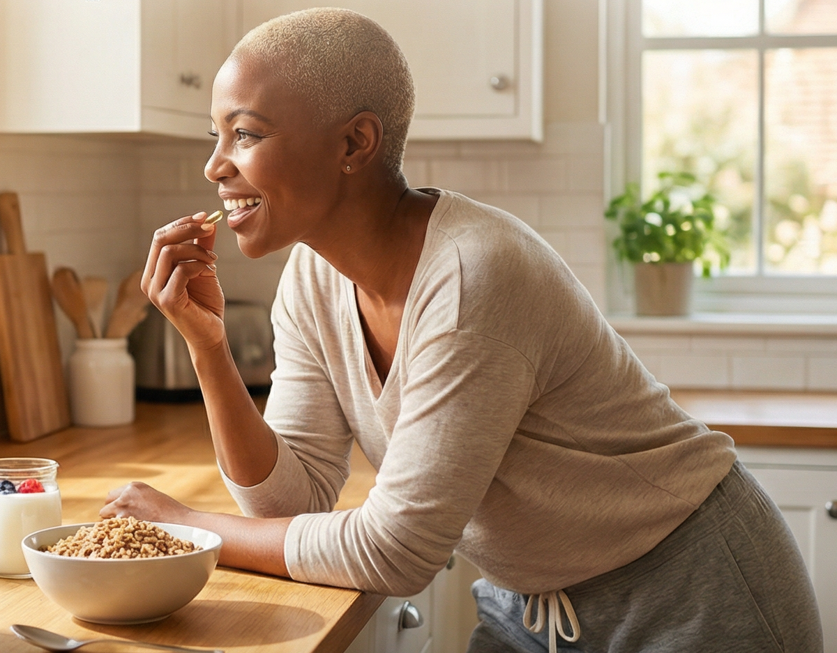 Woman eating cereal with Glaucovite glaucoma vitamins in a kitchen setting.